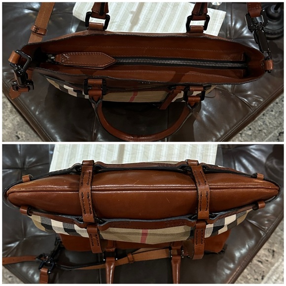 BURBERRY Brown Bridle Housecheck Leather and Canvas Slim Tote, 🤎 GORGEOUS 🧡 - Picture 14 of 16